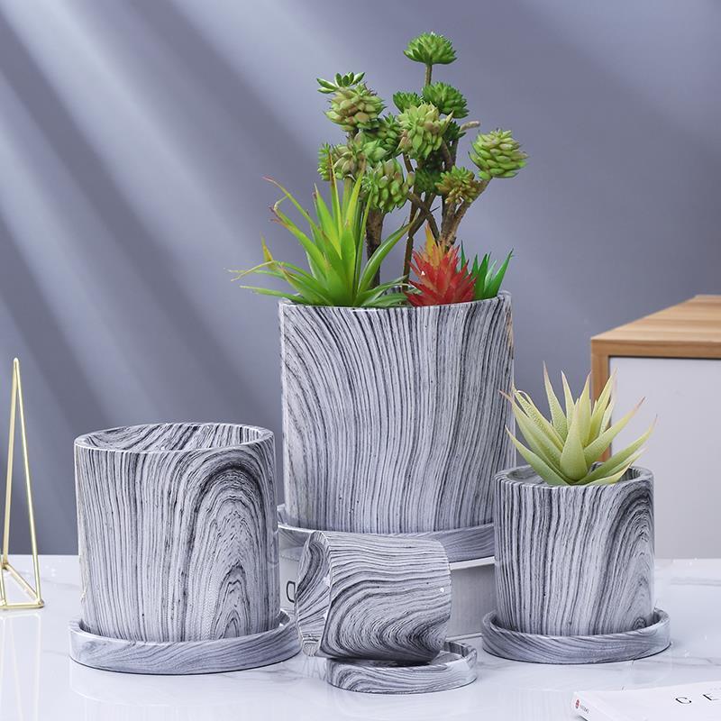 Hot Selling Nordic Cylindrical Cement Flower Vase With Marble Pattern And Meaty Tray Vases Decor