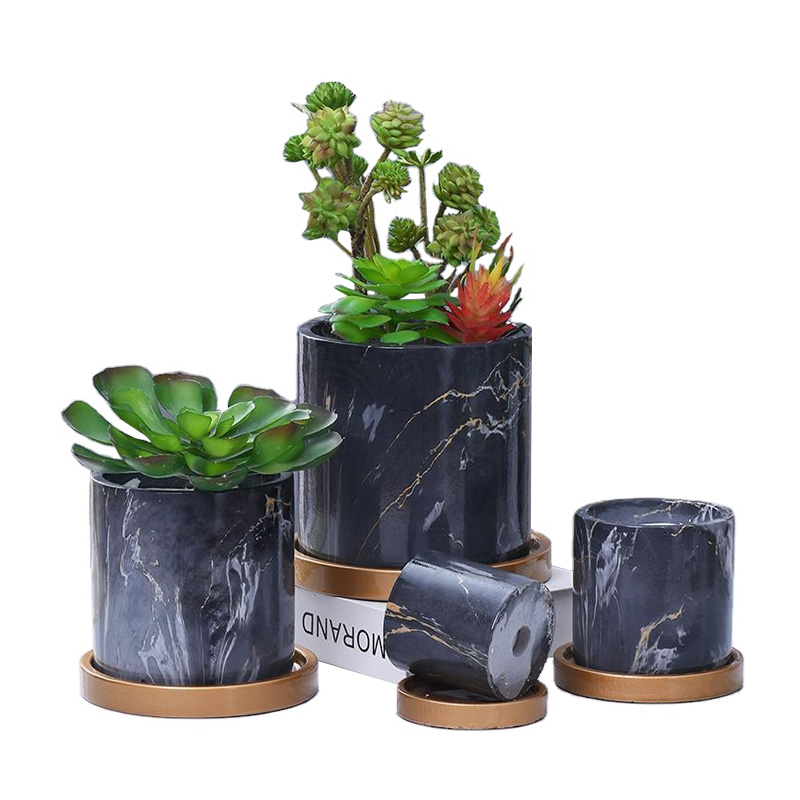 Best Selling Nordic Marble Style Wholesale Cement Decorative Flower Pot With Tray Home Decor Vase Decorative