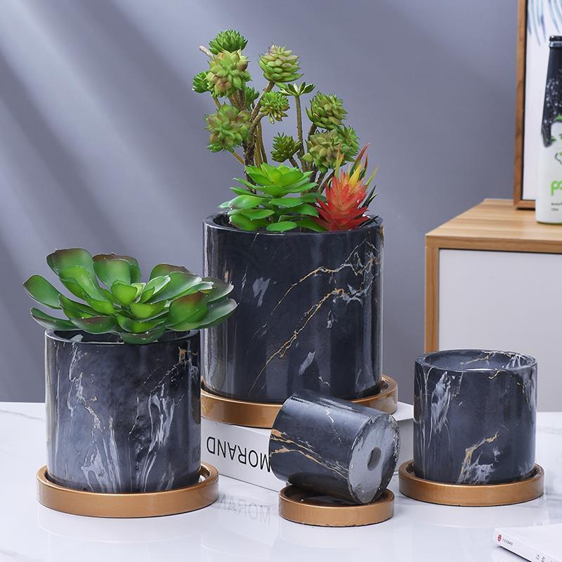 Best Selling Nordic Marble Style Wholesale Cement Decorative Flower Pot With Tray Home Decor Vase Decorative