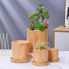Home Decoration Marble Cylindrical Cement Vase Simple Wood Color Nordic Flower Pot Tabletop Vase Modern Round Shape