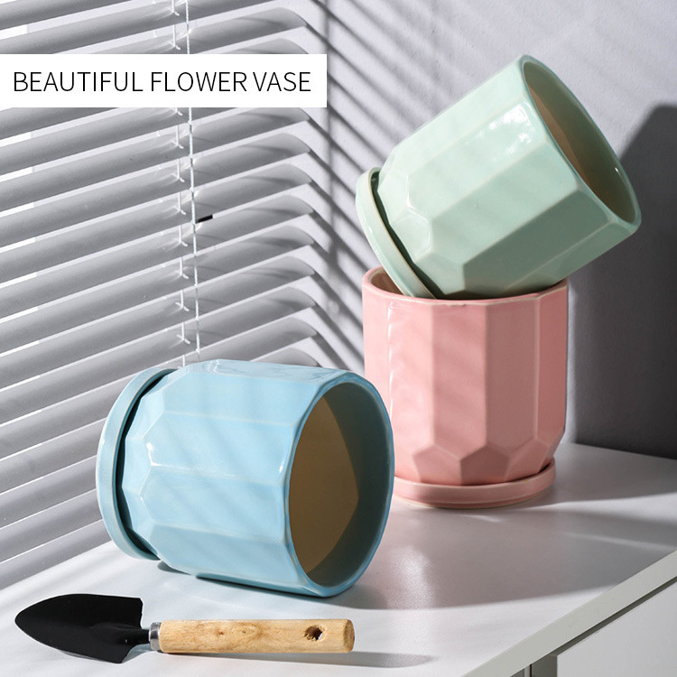 Flower pot ceramic with tray base personality color round Nordic simple green radish household