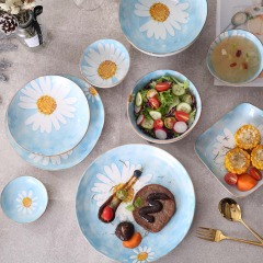 Nordic Simple Blue Ceramic Tableware White Daisy Design 8.25" Irregular Dinner Plate Family Hotel Restaurant Dinnerware