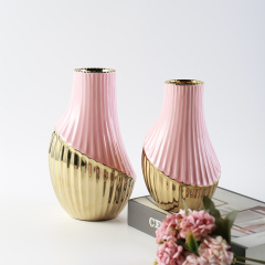 Nordic Style Wedding Decorative Luxury Vase Pink Ceramic Flower Vase Classic Gold Plating Vase Home Restaurant Hotel Decoration