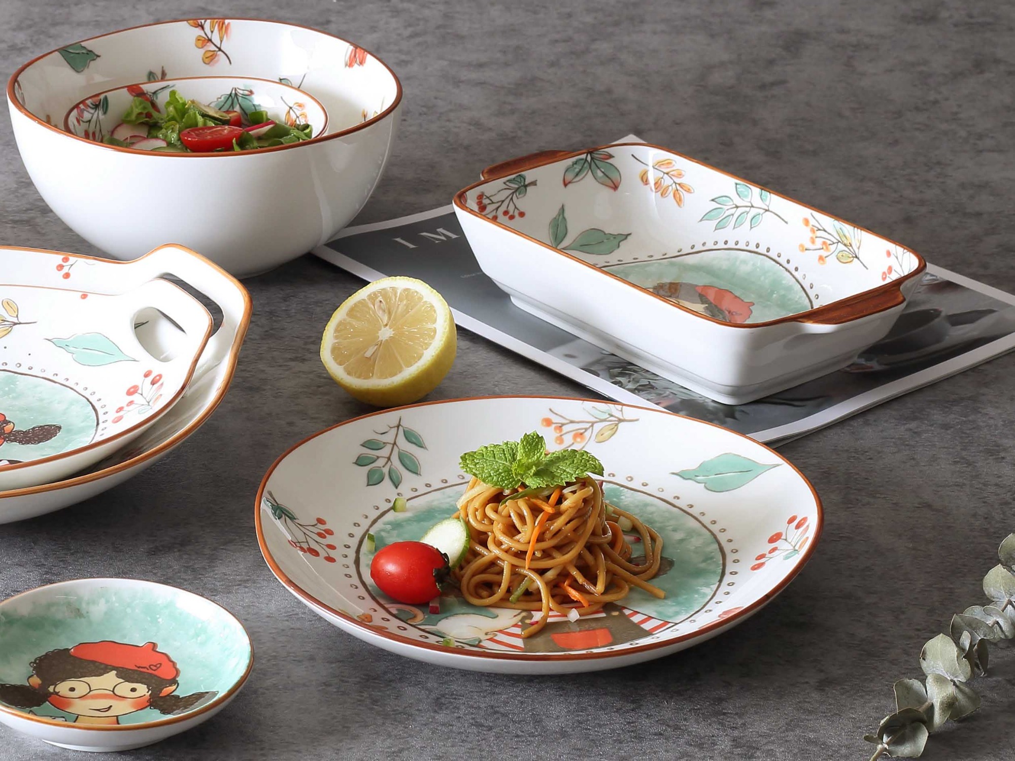 Ceramic Tableware 10" Round Plate With Double Handle Little Girl Pattern Fairytale Forest Dinnerware For Family Hotel Restaurant