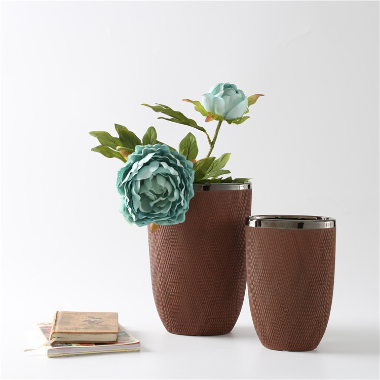 Retro Brown Ceramic Vase Cross Lines Surface Home Decor Flower Vase Inside Silver Plating Hotel Restaurant Decoration