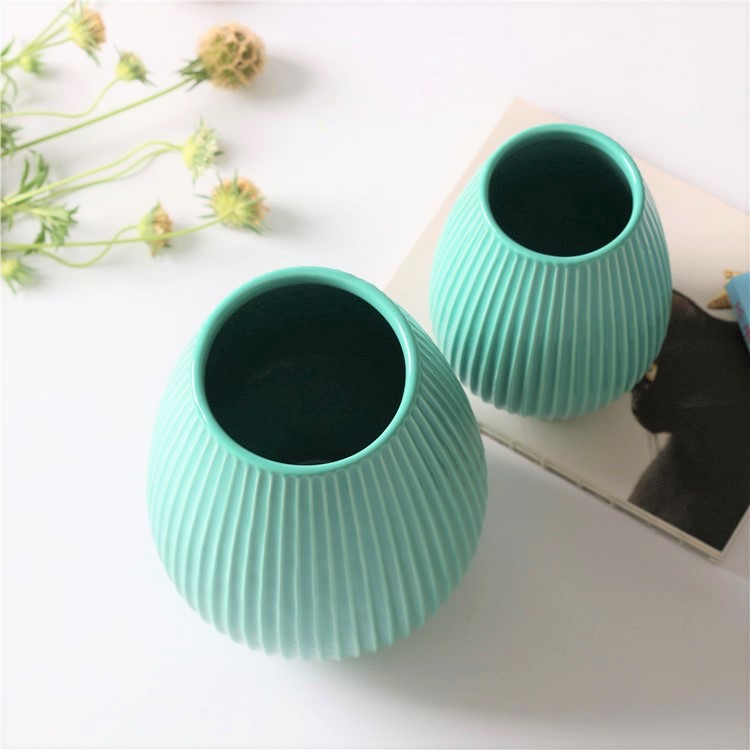 Nordic Minimalist Style Cyan Round Ceramic Vase Home Art Decor Vertical Grain Flower Vase Hotel Restaurant Wedding Decoration