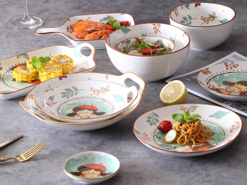 Round Ceramic Tableware 8.25" Irregular Dinner Plate Fairytale Forest Little Girl Pattern Dinnerware For Family Hotel Restaurant