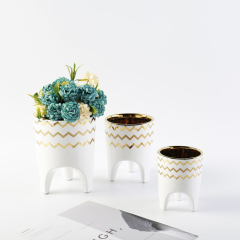 Amazon Hot Sale White Small Flowerpot Gold Rim Decor Indoor Outdoor Simple Style Succulent Flowerpot Home Decor