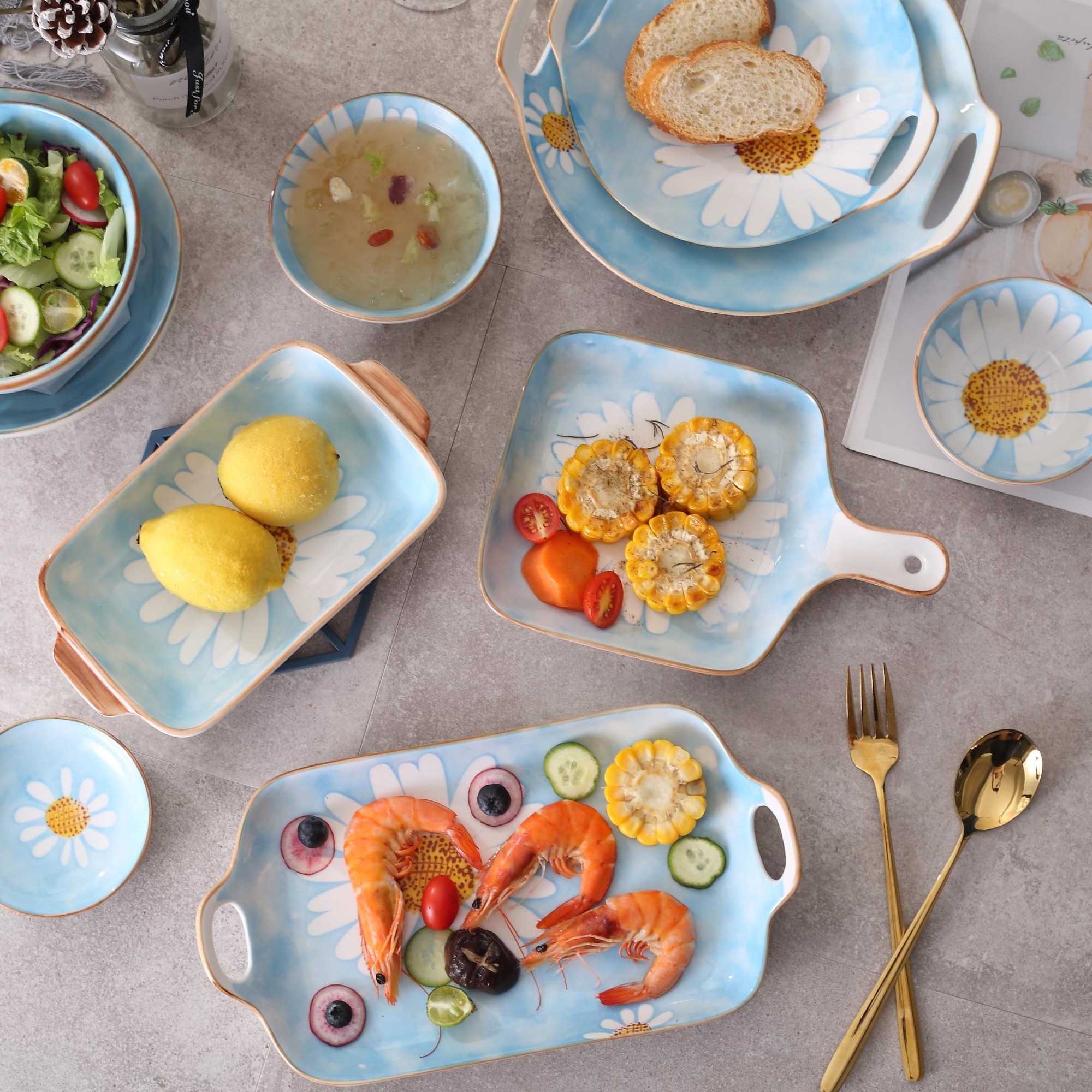 Nordic Light Blue Ceramic Tableware Daisy Pattern 8.75" Baking Dish With Handle Family Hotel Restaurant Dinnerware