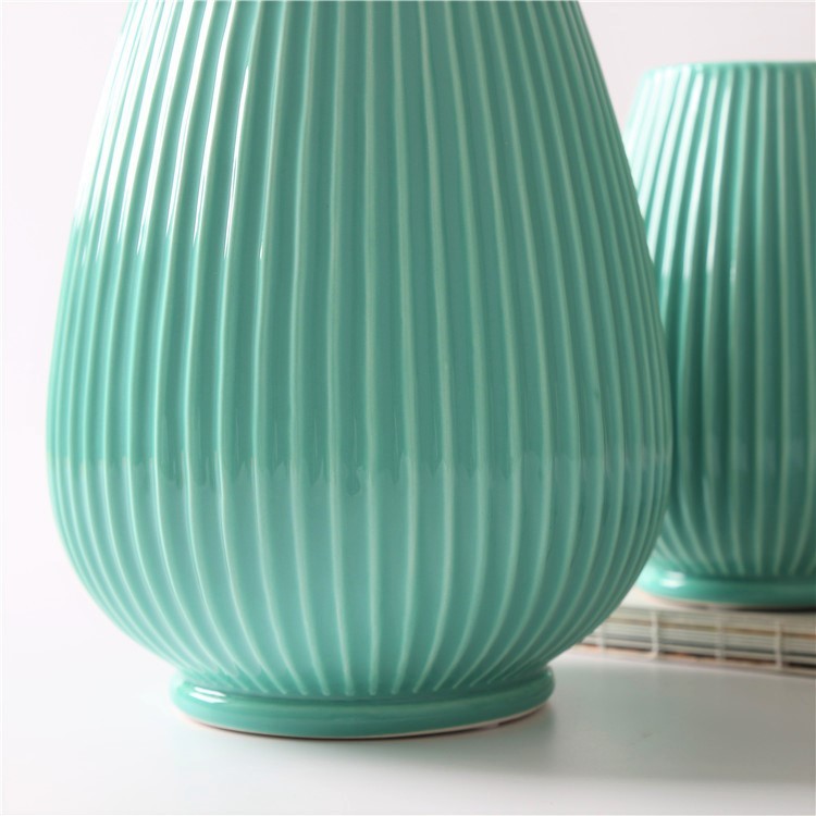 Nordic Minimalist Style Cyan Round Ceramic Vase Home Art Decor Vertical Grain Flower Vase Hotel Restaurant Wedding Decoration