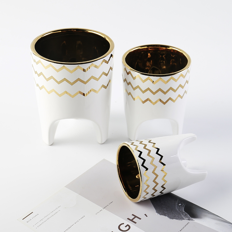 White Flower Pot Gold Rim Decor Indoor Outdoor Decor Succulent Planter Flowerpot Set Small Flowerpot