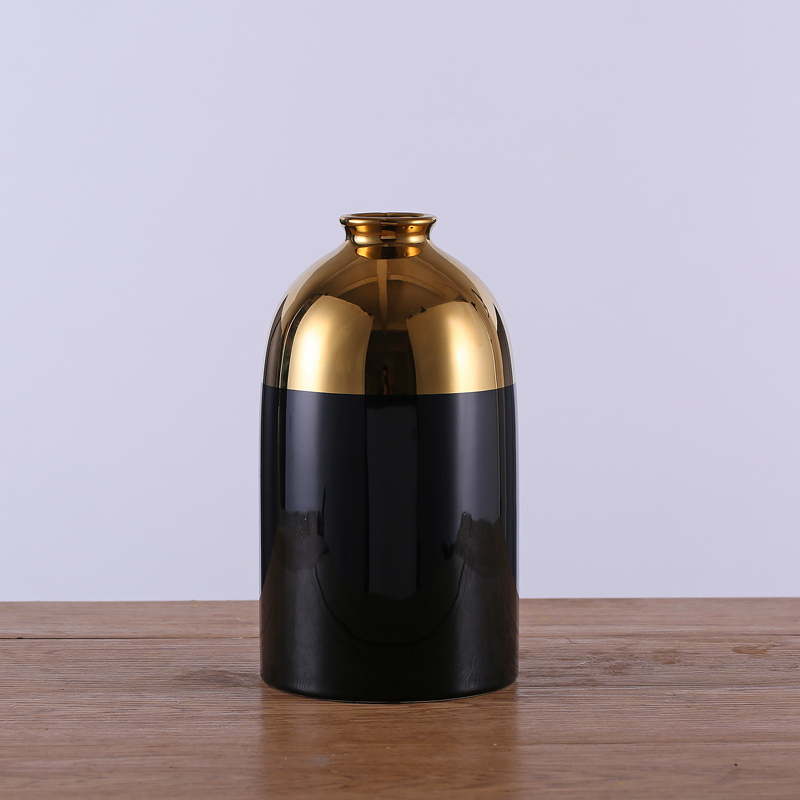 Luxury Gold Plating Flower Vase Home Decorative Vases Classic Black Ceramic Vase Hotel Restaurant Decoration