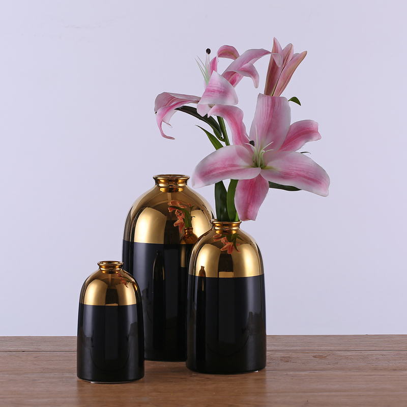 Luxury Gold Plating Flower Vase Home Decorative Vases Classic Black Ceramic Vase Hotel Restaurant Decoration