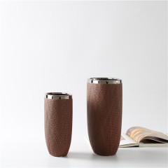 Earth Tone Flower Vase Home Decor Cross Lines Surface Ceramic Vase Silver Plating Vase Hotel Restaurant Decoration