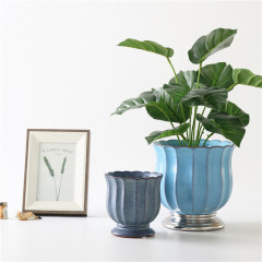 Amazon Hot Sale Sliver and Blue Decor Ceramic Flower Pot Set Nordic Style Wholesale Pot for Flower