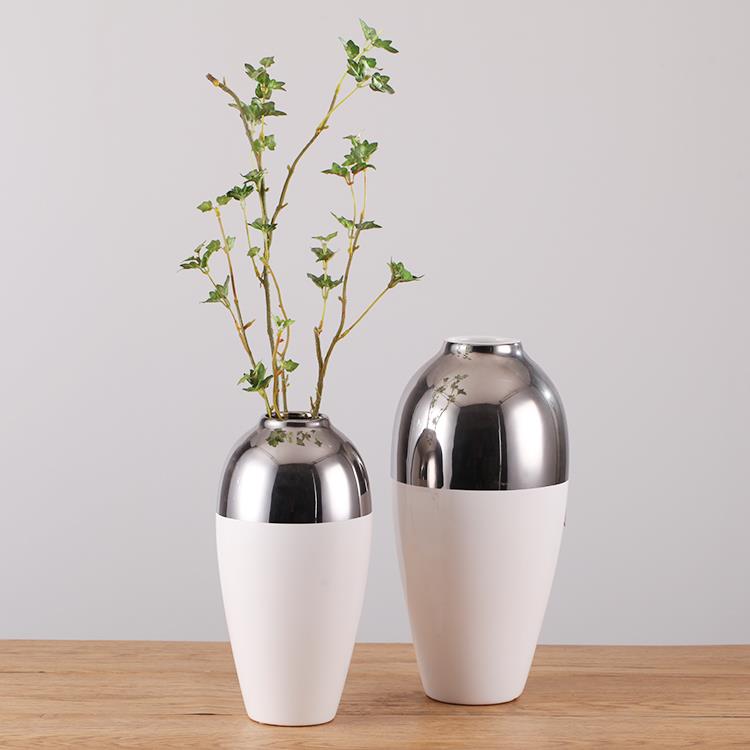 Modern Simple White Ceramic Vase Indoor Tabletop Flower Vase Silver Plating Vases Home Hotel Restaurant Wedding Decoration