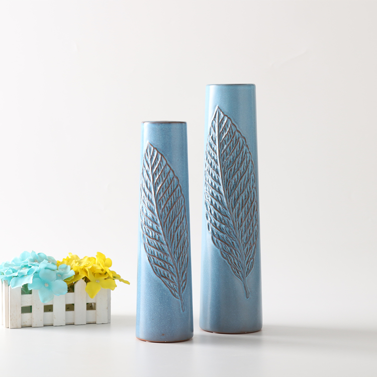 Unique Leaf Relief Design Ceramic Vase Long Tall Cylinder Tabletop Blue Flower Vase Home Restaurant Wedding Hotel Decoration