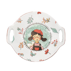 Ceramic Tableware 10" Round Plate With Double Handle Little Girl Pattern Fairytale Forest Dinnerware For Family Hotel Restaurant