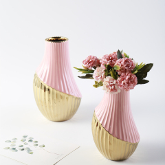 Nordic Style Wedding Decorative Luxury Vase Pink Ceramic Flower Vase Classic Gold Plating Vase Home Restaurant Hotel Decoration