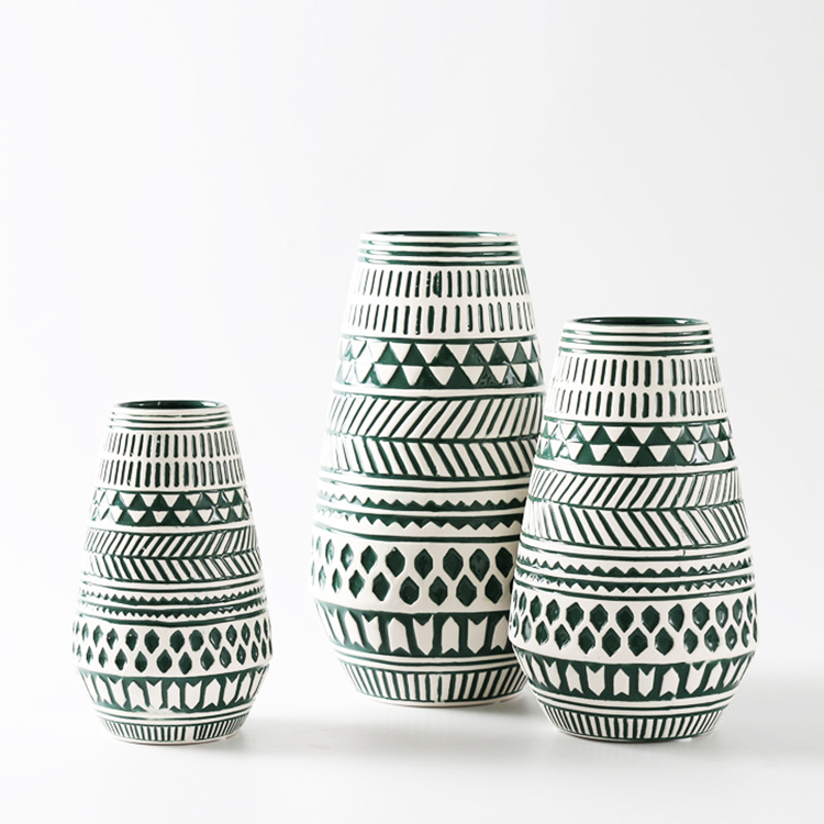 Classic Green Geometric Patterns Ceramic Vase Hotel Decorative Flower Vase Indoor Home Restaurant Decoration