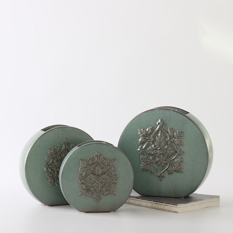 European Ceramic Vase Morandi Green With Raised Pattern Design Nordic Flower Vases Home Restaurant Hotel Decoration