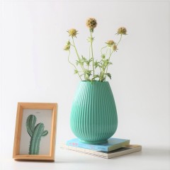 Nordic Minimalist Style Cyan Round Ceramic Vase Home Art Decor Vertical Grain Flower Vase Hotel Restaurant Wedding Decoration