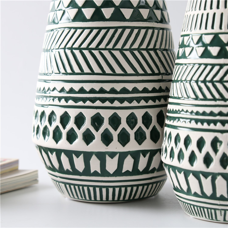 Classic Green Geometric Patterns Ceramic Vase Hotel Decorative Flower Vase Indoor Home Restaurant Decoration