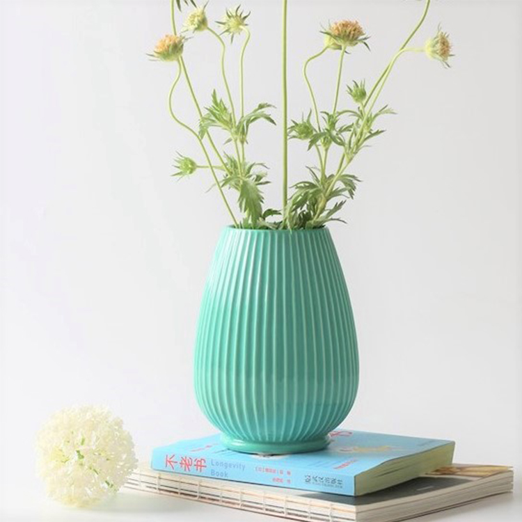 Nordic Minimalist Style Cyan Round Ceramic Vase Home Art Decor Vertical Grain Flower Vase Hotel Restaurant Wedding Decoration