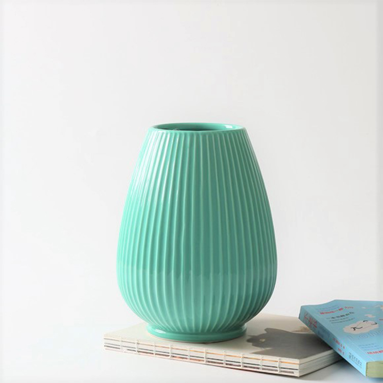 Nordic Minimalist Style Cyan Round Ceramic Vase Home Art Decor Vertical Grain Flower Vase Hotel Restaurant Wedding Decoration