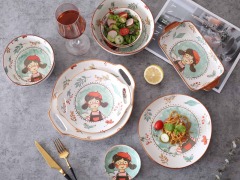 Ceramic Tableware 10" Round Plate With Double Handle Little Girl Pattern Fairytale Forest Dinnerware For Family Hotel Restaurant