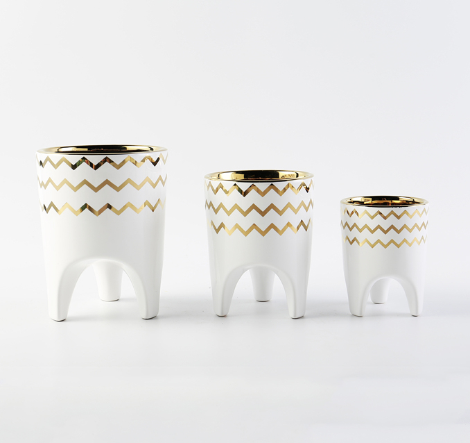 Amazon Hot Sale White Small Flowerpot Gold Rim Decor Indoor Outdoor Simple Style Succulent Flowerpot Home Decor