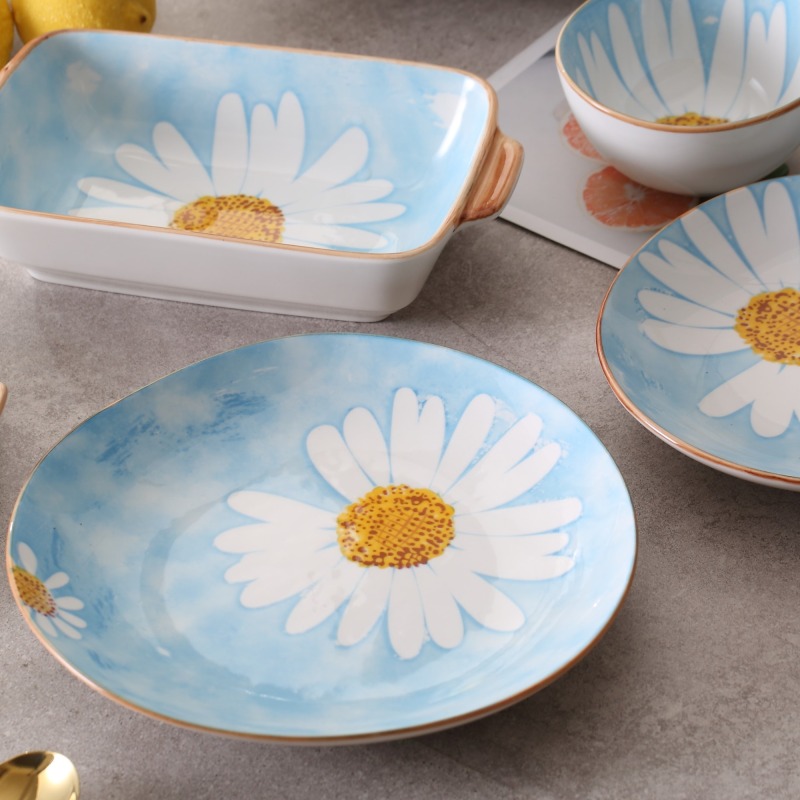 Simple Daisy Pattern Ceramic Tableware 10" Round Deep Dish Light Blue Dinnerware For Family Hotel Restaurant