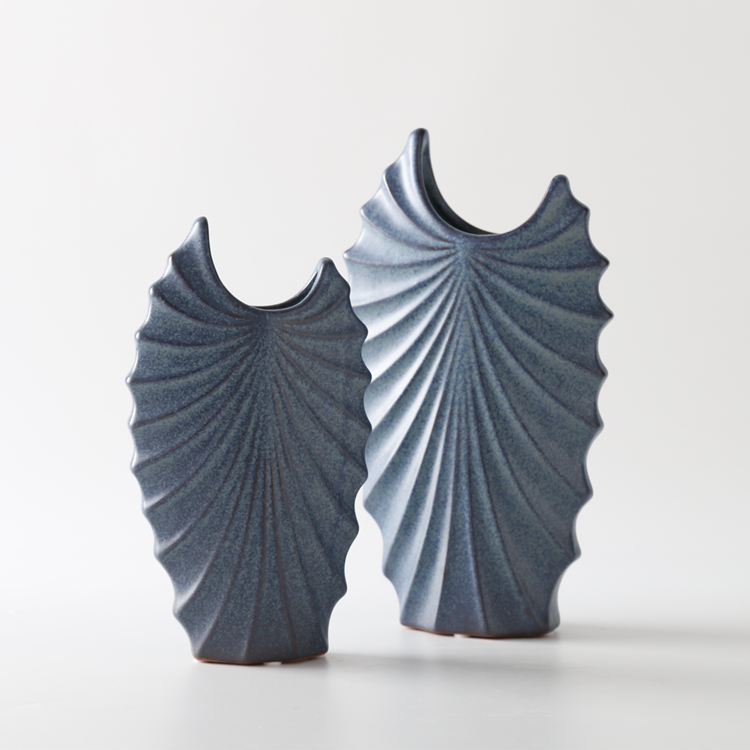 Nordic Style Classic Grey Blue Ceramic Flower Vase Shell Shape Design Wedding Decorative Vase Home Restaurant Hotel Decoration