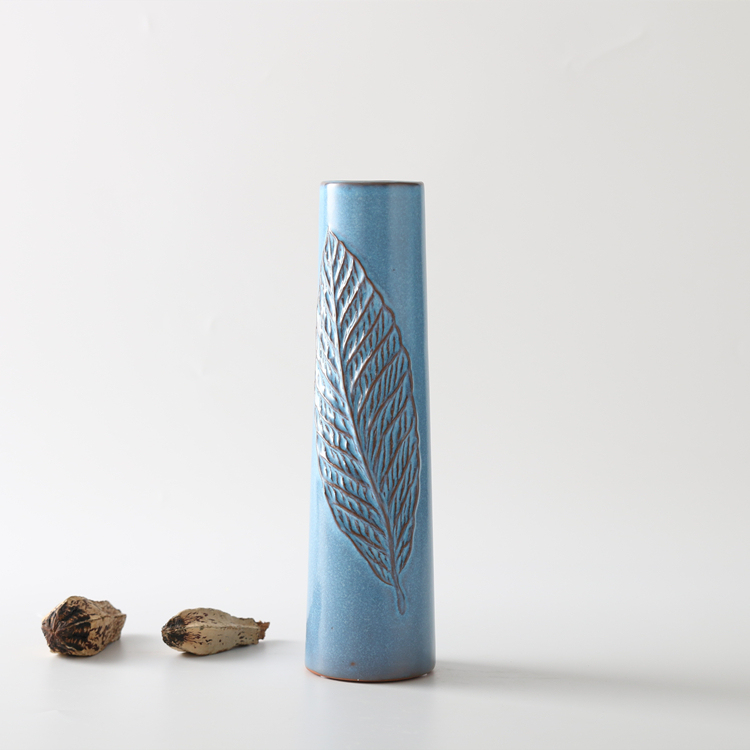 Unique Leaf Relief Design Ceramic Vase Long Tall Cylinder Tabletop Blue Flower Vase Home Restaurant Wedding Hotel Decoration