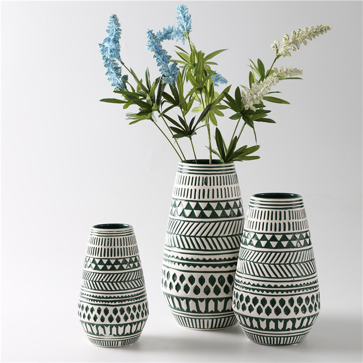 Classic Green Geometric Patterns Ceramic Vase Hotel Decorative Flower Vase Indoor Home Restaurant Decoration
