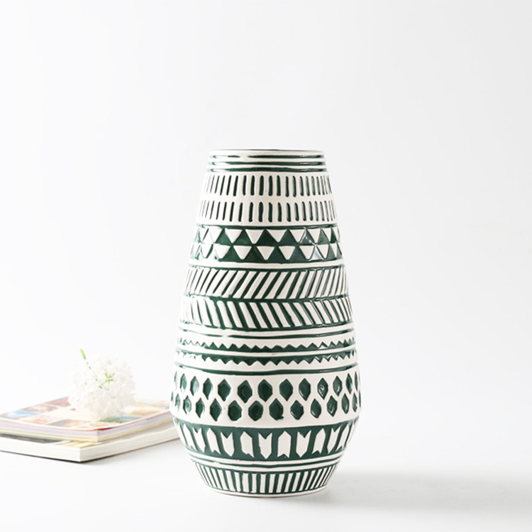 Classic Green Geometric Patterns Ceramic Vase Hotel Decorative Flower Vase Indoor Home Restaurant Decoration