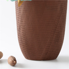 Retro Brown Ceramic Vase Cross Lines Surface Home Decor Flower Vase Inside Silver Plating Hotel Restaurant Decoration