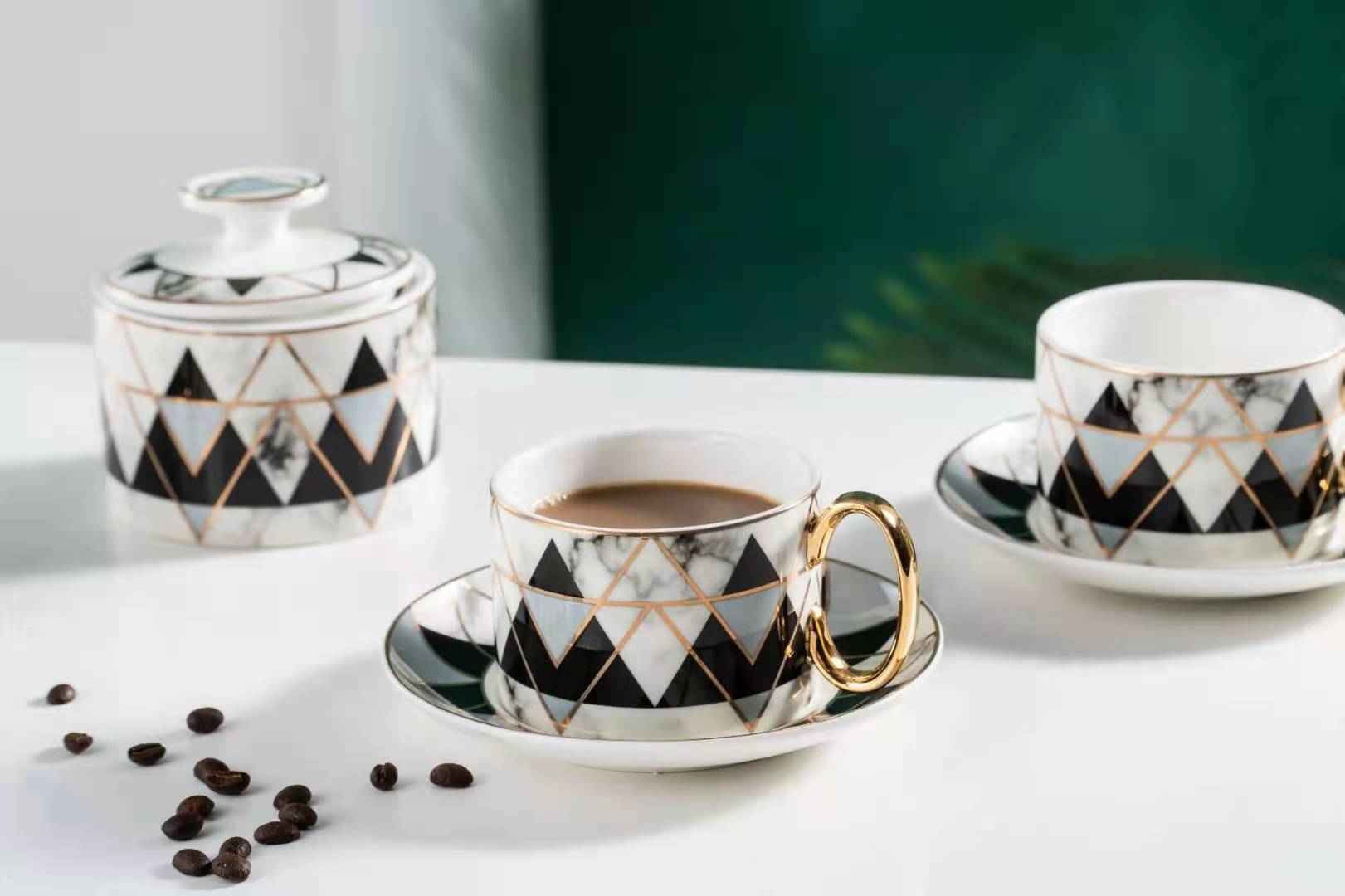 Modern Marble Pattern Golden Handle Ceramic Coffee Cup Tea Cup And Saucer 11 Pcs Afternoon Tea Set