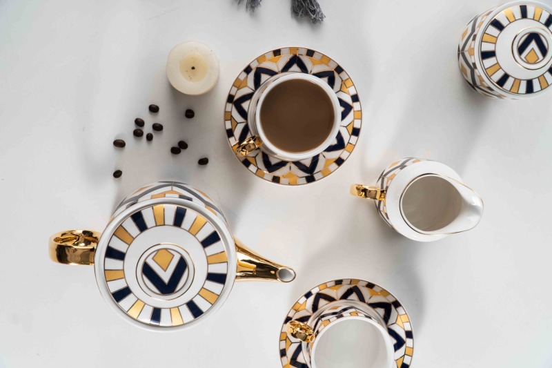 European Royal Design Gold Plating Ceramic Coffee Cup Tea Cup And Saucer 11 Pcs Home Cafe Gift Set