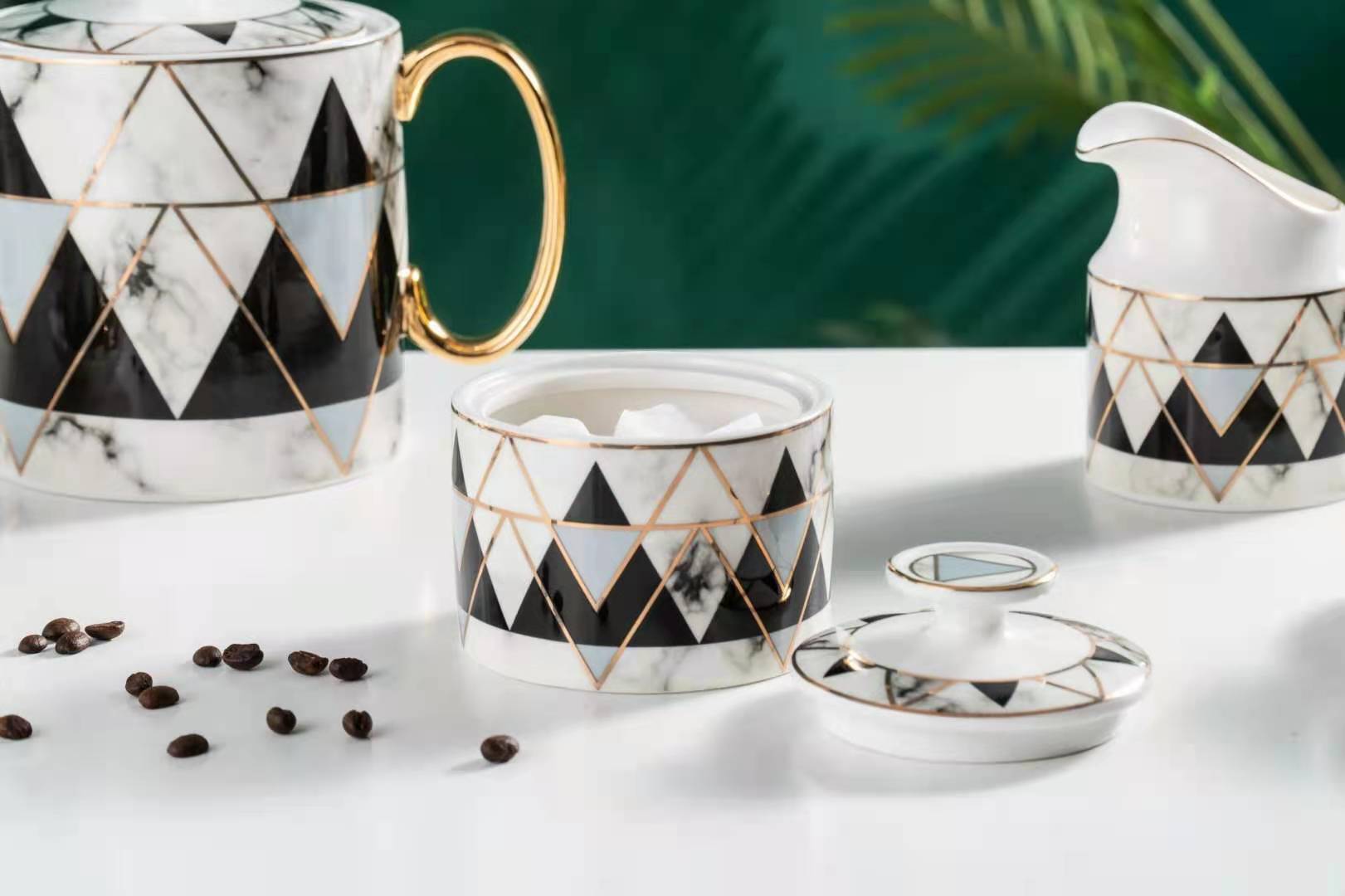 Modern Marble Pattern Golden Handle Ceramic Coffee Cup Tea Cup And Saucer 11 Pcs Afternoon Tea Set