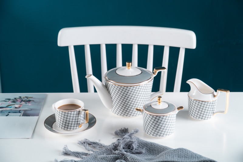Nordic Luxury Textile Pattern Ceramic Coffee Cup Tea Cup And Saucer 11 Pcs Afternoon Tea Set