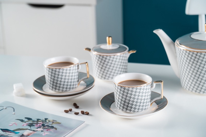 Nordic Luxury Textile Pattern Ceramic Coffee Cup Tea Cup And Saucer 11 Pcs Afternoon Tea Set