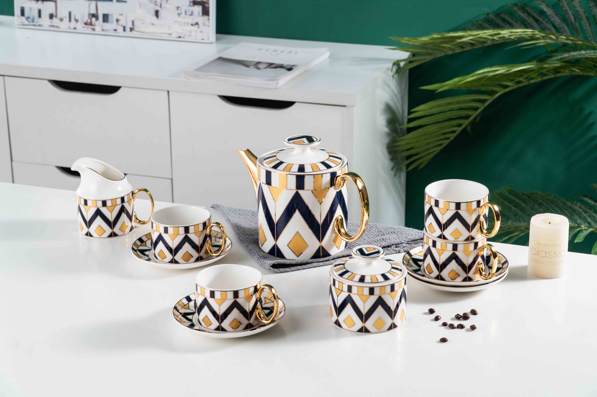 European Royal Design Gold Plating Ceramic Coffee Cup Tea Cup And Saucer 11 Pcs Home Cafe Gift Set