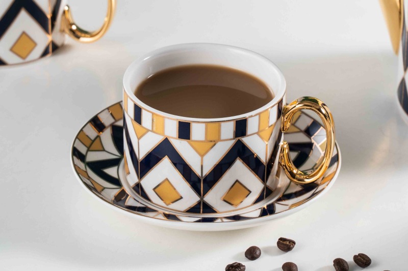 European Royal Design Gold Plating Ceramic Coffee Cup Tea Cup And Saucer 11 Pcs Home Cafe Gift Set