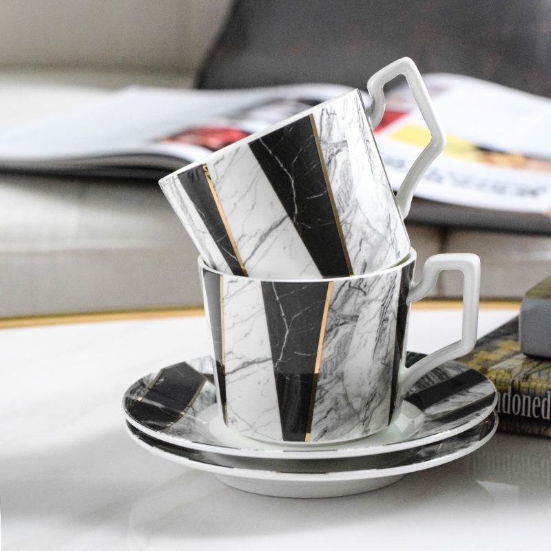 Nordic Marble Gold Plating Ceramic Coffee Cup Tea Cup And Saucer 11 Pcs Home Cafe Gift Set