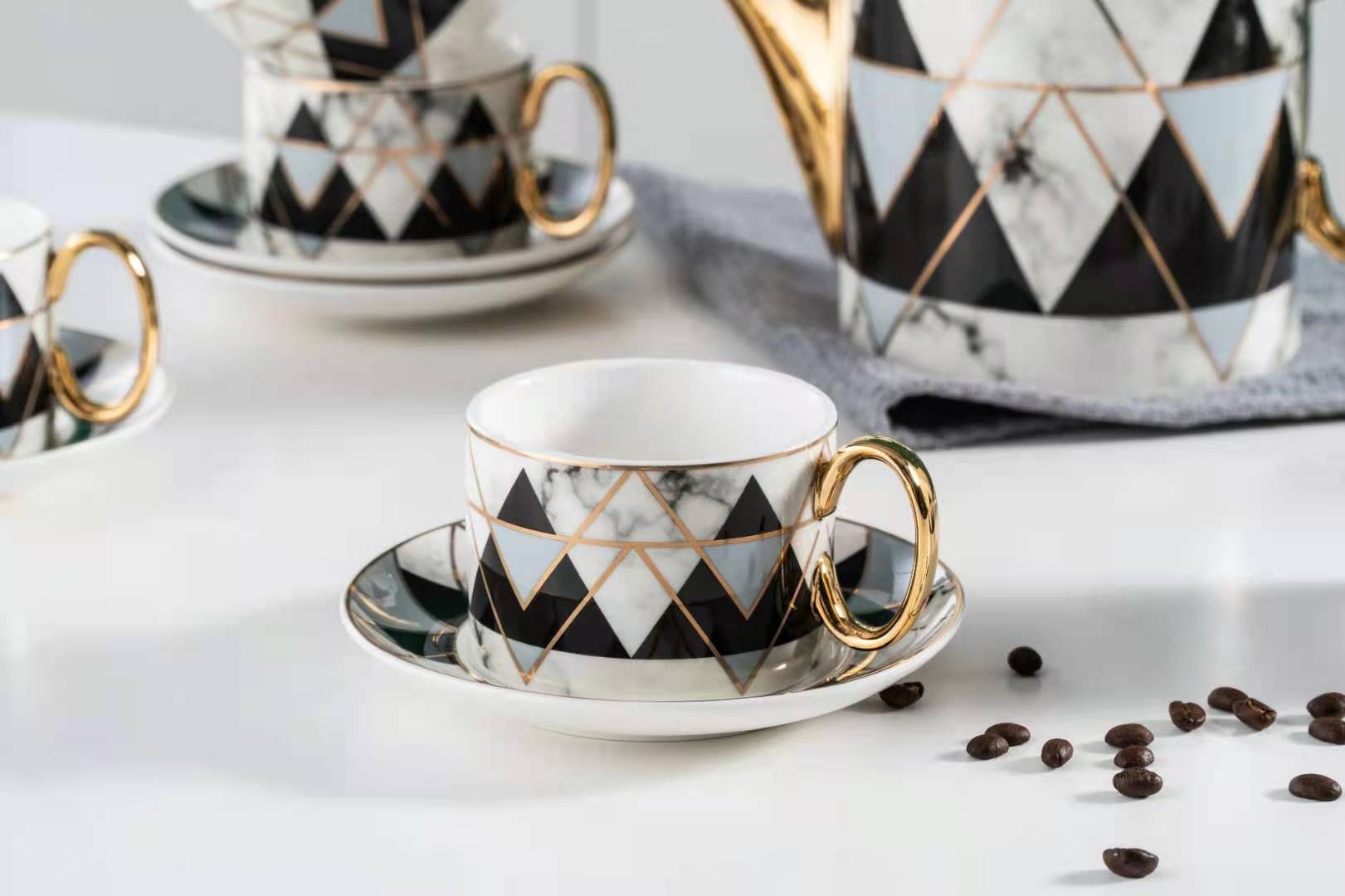 Modern Marble Pattern Golden Handle Ceramic Coffee Cup Tea Cup And Saucer 11 Pcs Afternoon Tea Set
