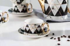 Modern Marble Pattern Golden Handle Ceramic Coffee Cup Tea Cup And Saucer 11 Pcs Afternoon Tea Set