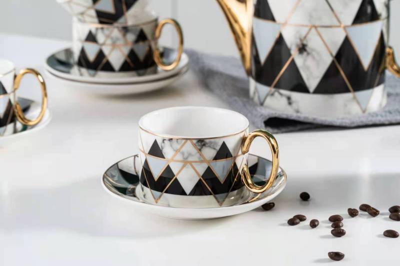 Modern Marble Pattern Golden Handle Ceramic Coffee Cup Tea Cup And Saucer 11 Pcs Afternoon Tea Set