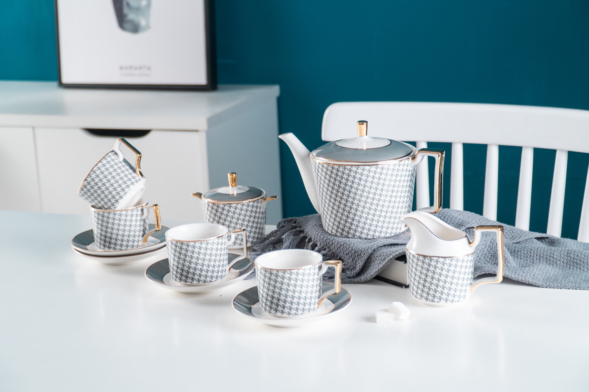 Nordic Luxury Textile Pattern Ceramic Coffee Cup Tea Cup And Saucer 11 Pcs Afternoon Tea Set