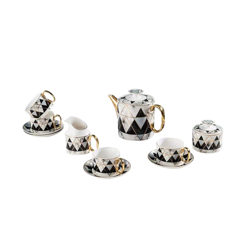 Modern Marble Pattern Golden Handle Ceramic Coffee Cup Tea Cup And Saucer 11 Pcs Afternoon Tea Set